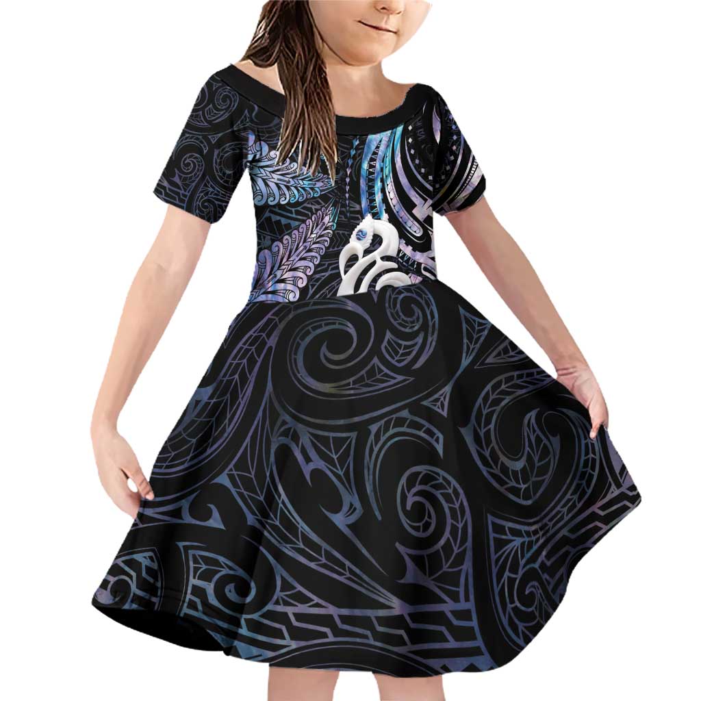 New Zealand Aotearoa Family Matching Off Shoulder Short Dress and Hawaiian Shirt Maori Hei Manaia Purple Paua Shell