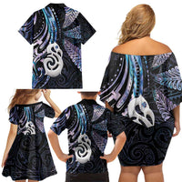 New Zealand Aotearoa Family Matching Off Shoulder Short Dress and Hawaiian Shirt Maori Hei Manaia Purple Paua Shell