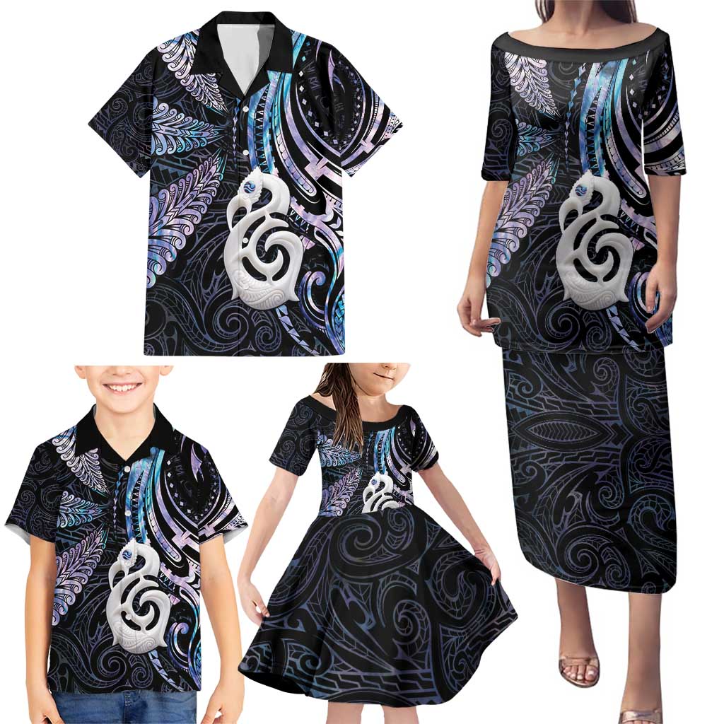 New Zealand Aotearoa Family Matching Puletasi and Hawaiian Shirt Maori Hei Manaia Purple Paua Shell