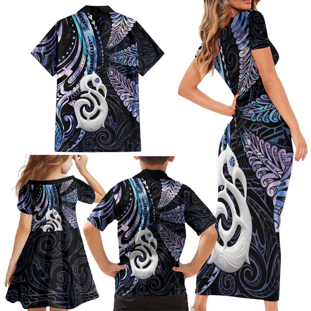 New Zealand Aotearoa Family Matching Short Sleeve Bodycon Dress and Hawaiian Shirt Maori Hei Manaia Purple Paua Shell