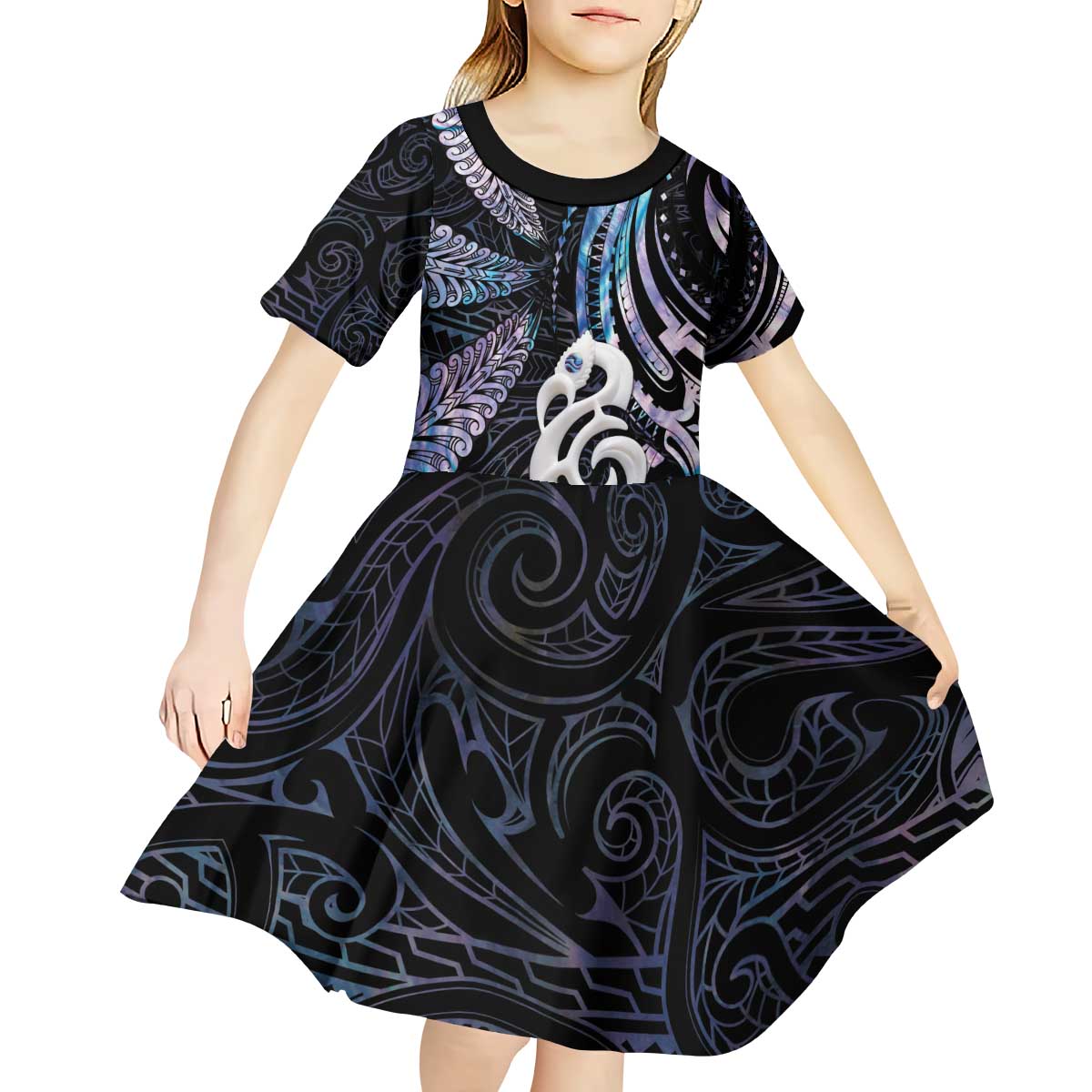 New Zealand Aotearoa Kid Short Sleeve Dress Maori Hei Manaia Purple Paua Shell