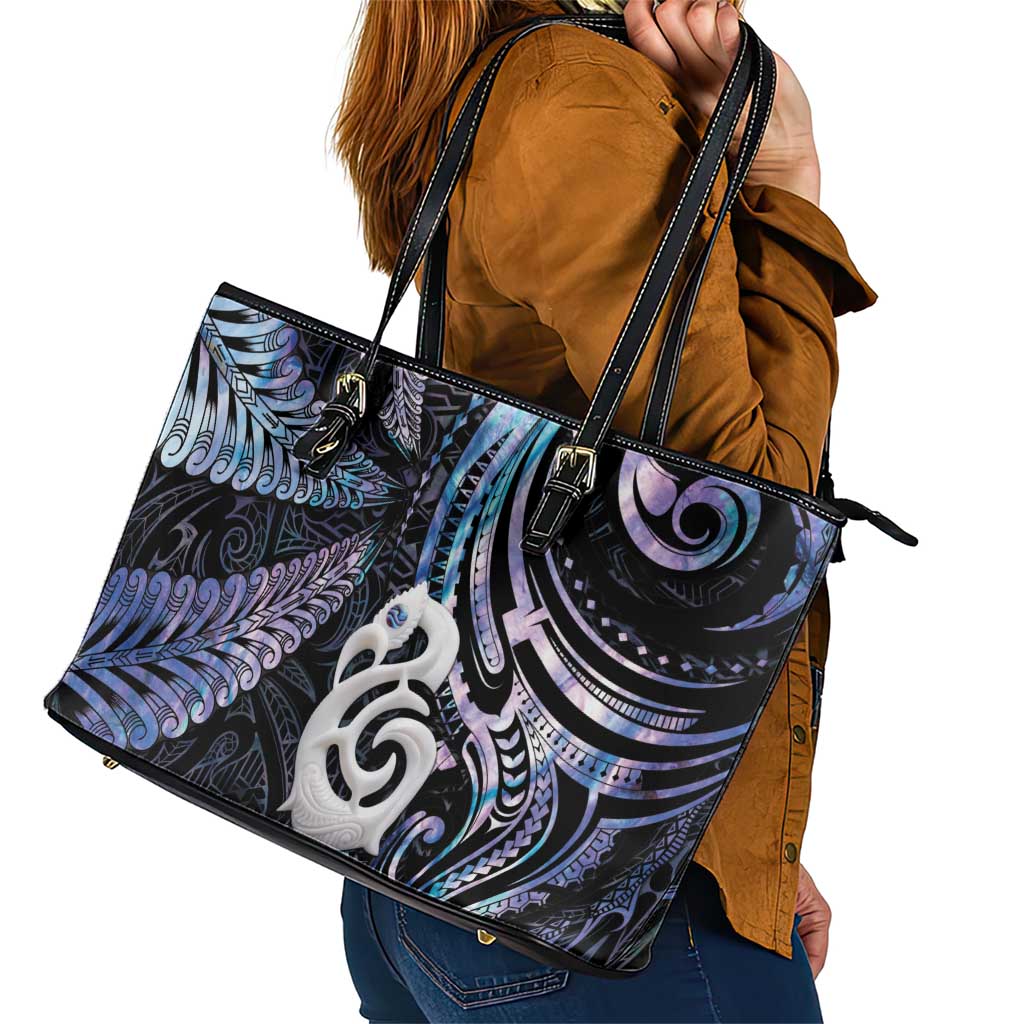 New Zealand Aotearoa Leather Tote Bag Maori Hei Manaia Purple Paua Shell