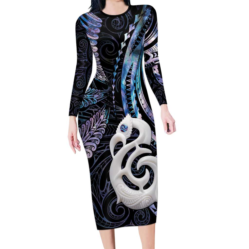 New Zealand Aotearoa Long Sleeve Bodycon Dress Maori Hei Manaia Purple Paua Shell