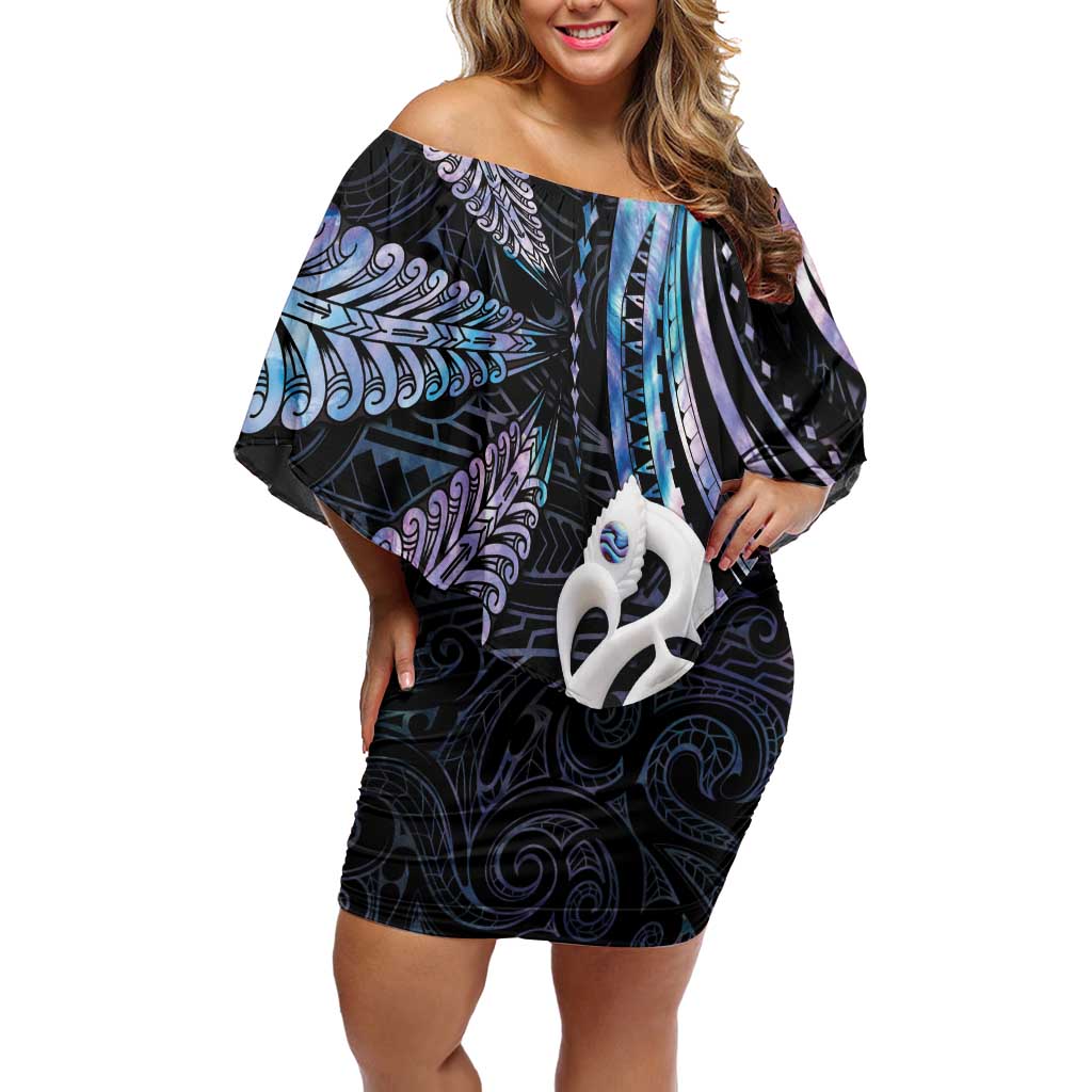 New Zealand Aotearoa Off Shoulder Short Dress Maori Hei Manaia Purple Paua Shell