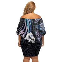 New Zealand Aotearoa Off Shoulder Short Dress Maori Hei Manaia Purple Paua Shell