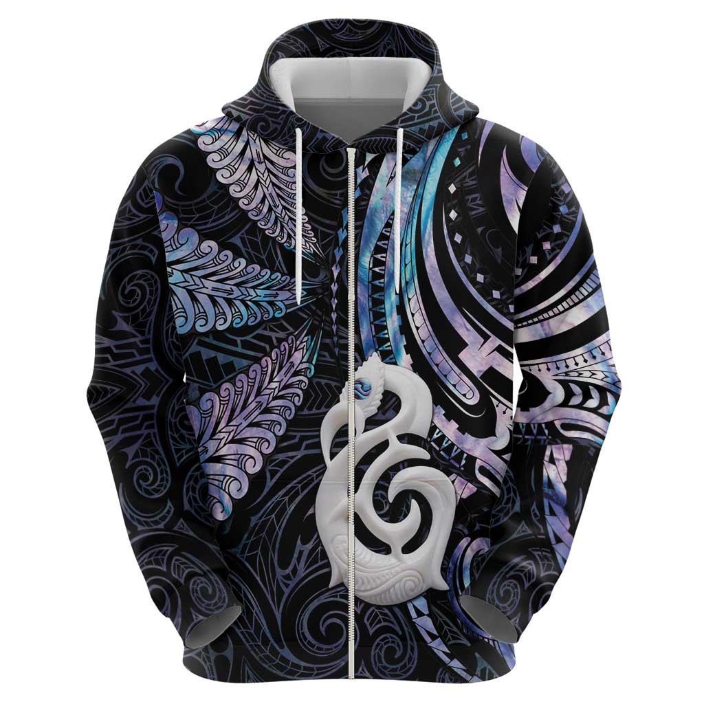 New Zealand Aotearoa Zip Hoodie Maori Hei Manaia Purple Paua Shell