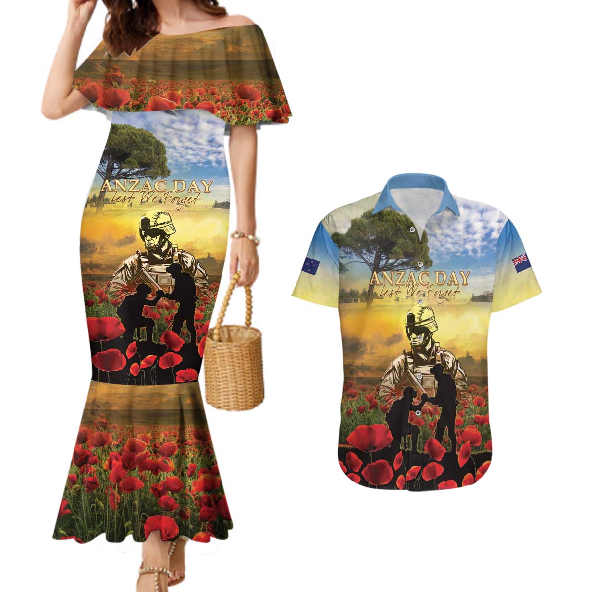 New Zealand ANZAC Day Couples Matching Mermaid Dress and Hawaiian Shirt The Ode Remembrance And Poppy DT04 Yellow - Polynesian Pride