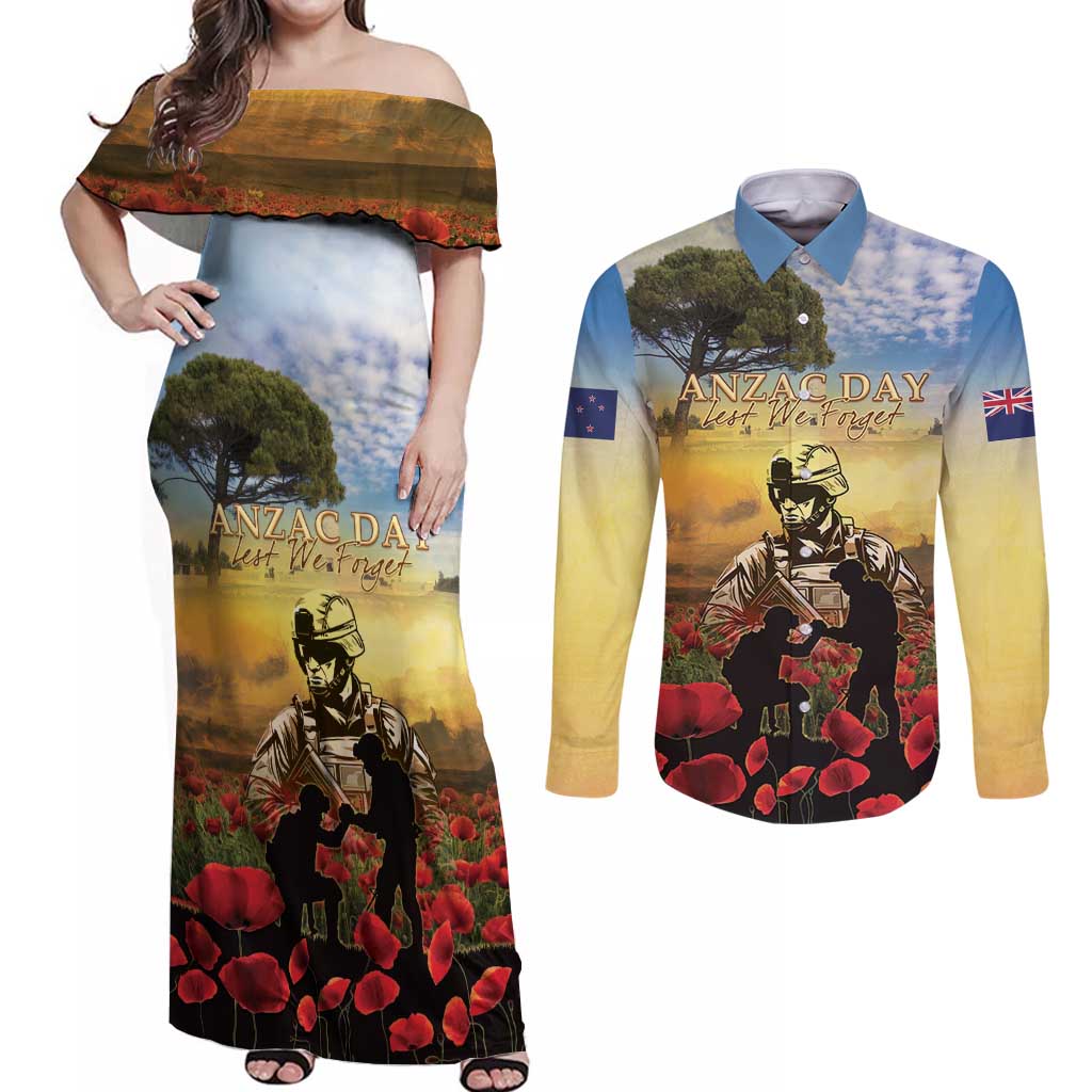 New Zealand ANZAC Day Couples Matching Off Shoulder Maxi Dress and Long Sleeve Button Shirt The Ode Remembrance And Poppy DT04 Yellow - Polynesian Pride