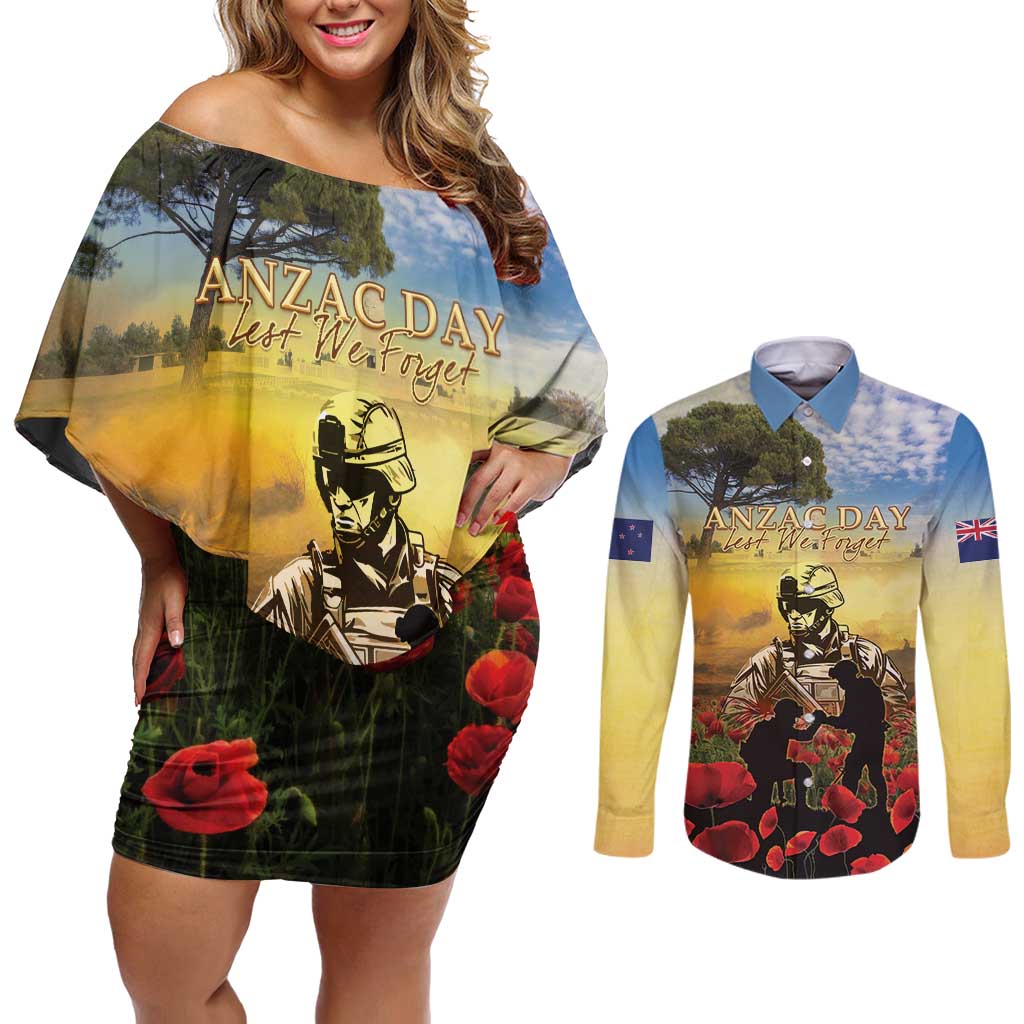 New Zealand ANZAC Day Couples Matching Off Shoulder Short Dress and Long Sleeve Button Shirt The Ode Remembrance And Poppy DT04 Yellow - Polynesian Pride