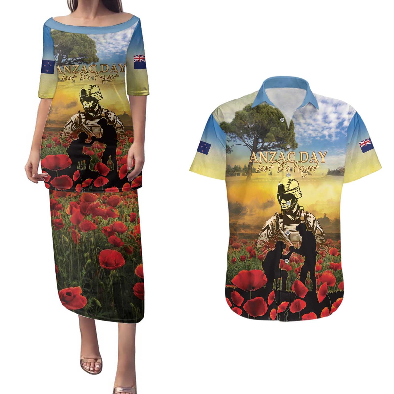 New Zealand ANZAC Day Couples Matching Puletasi and Hawaiian Shirt The Ode Remembrance And Poppy DT04 Yellow - Polynesian Pride