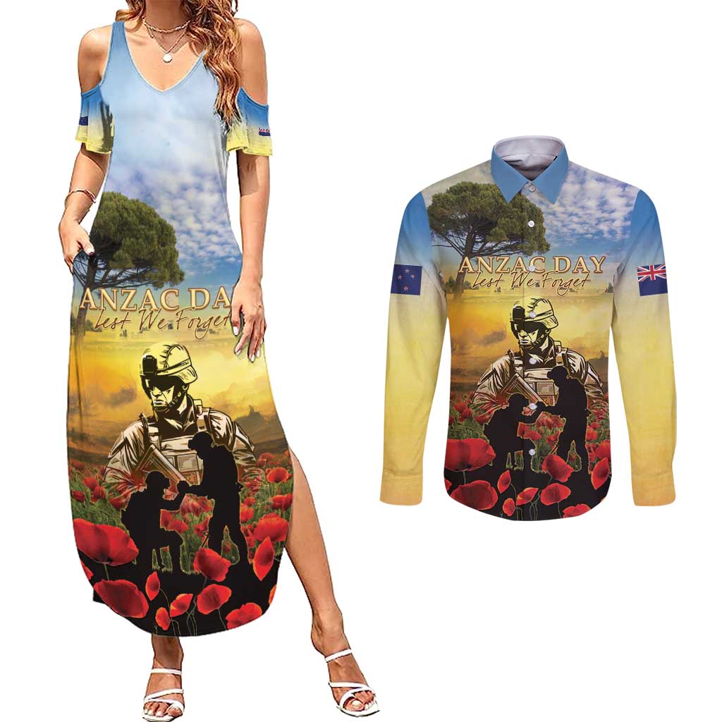 New Zealand ANZAC Day Couples Matching Summer Maxi Dress and Long Sleeve Button Shirt The Ode Remembrance And Poppy DT04 Yellow - Polynesian Pride