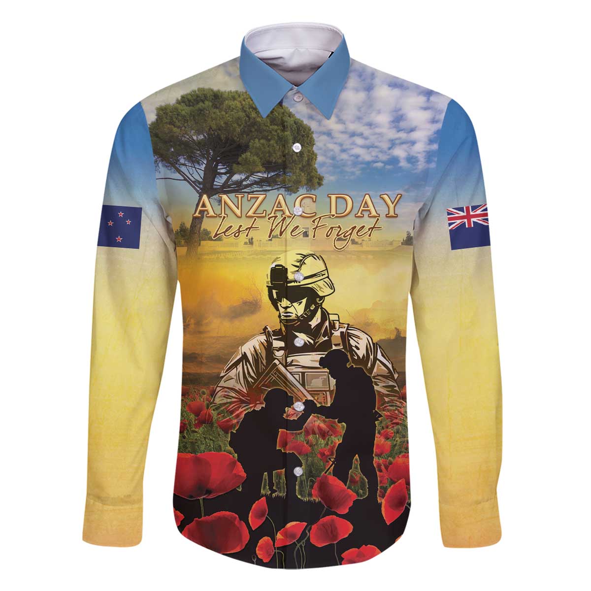 New Zealand ANZAC Day Family Matching Off The Shoulder Long Sleeve Dress and Hawaiian Shirt The Ode Remembrance And Poppy