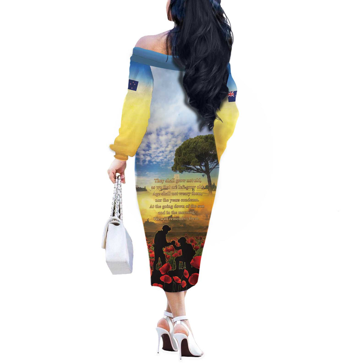 New Zealand ANZAC Day Off The Shoulder Long Sleeve Dress The Ode Remembrance And Poppy