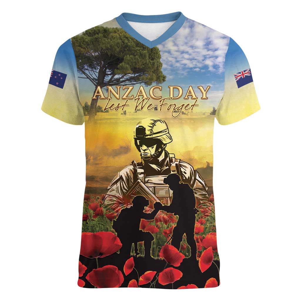 New Zealand ANZAC Day Women V-Neck T-Shirt The Ode Remembrance And Poppy