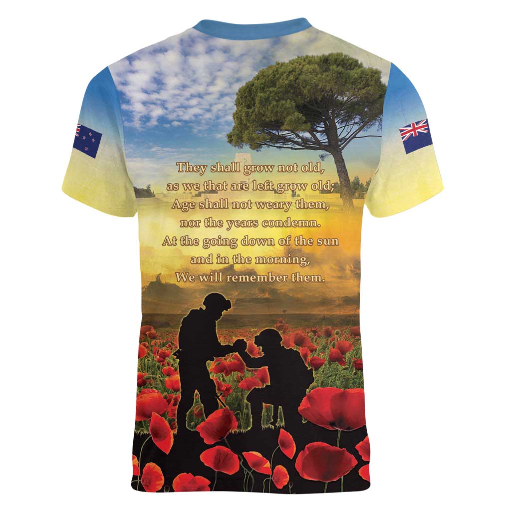New Zealand ANZAC Day Women V-Neck T-Shirt The Ode Remembrance And Poppy