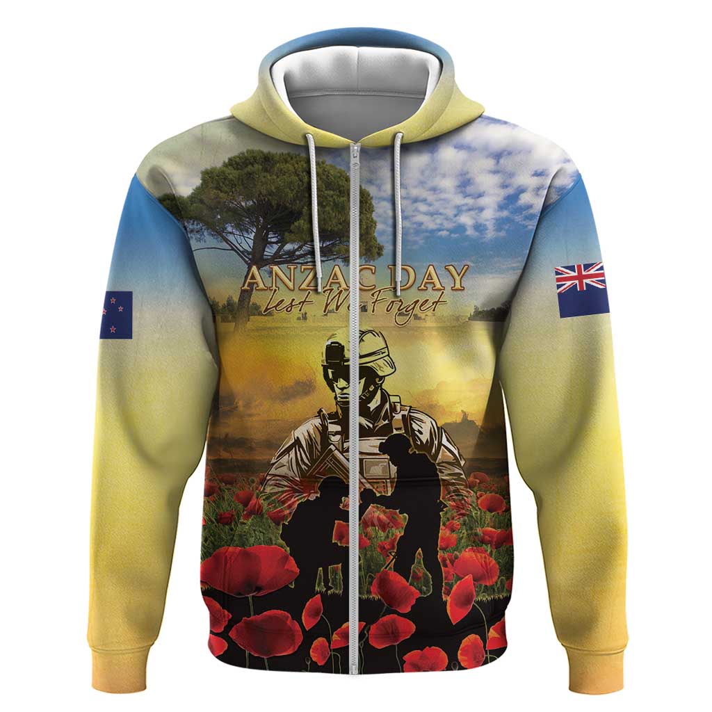 New Zealand ANZAC Day Zip Hoodie The Ode Remembrance And Poppy