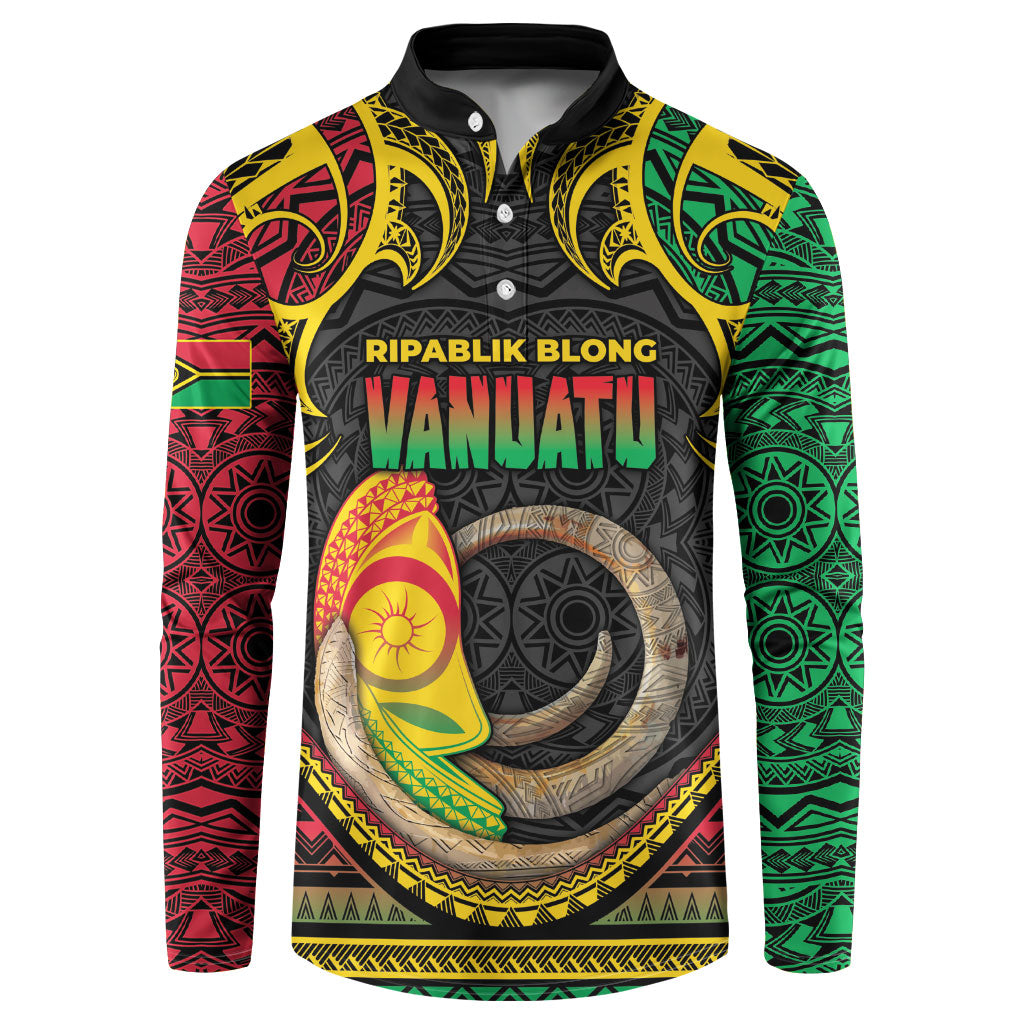 Vanuatu Language Week Button Sweatshirt Boar Tusk Warrior Tribal Floral Pattern DT05 Black - Polynesian Pride