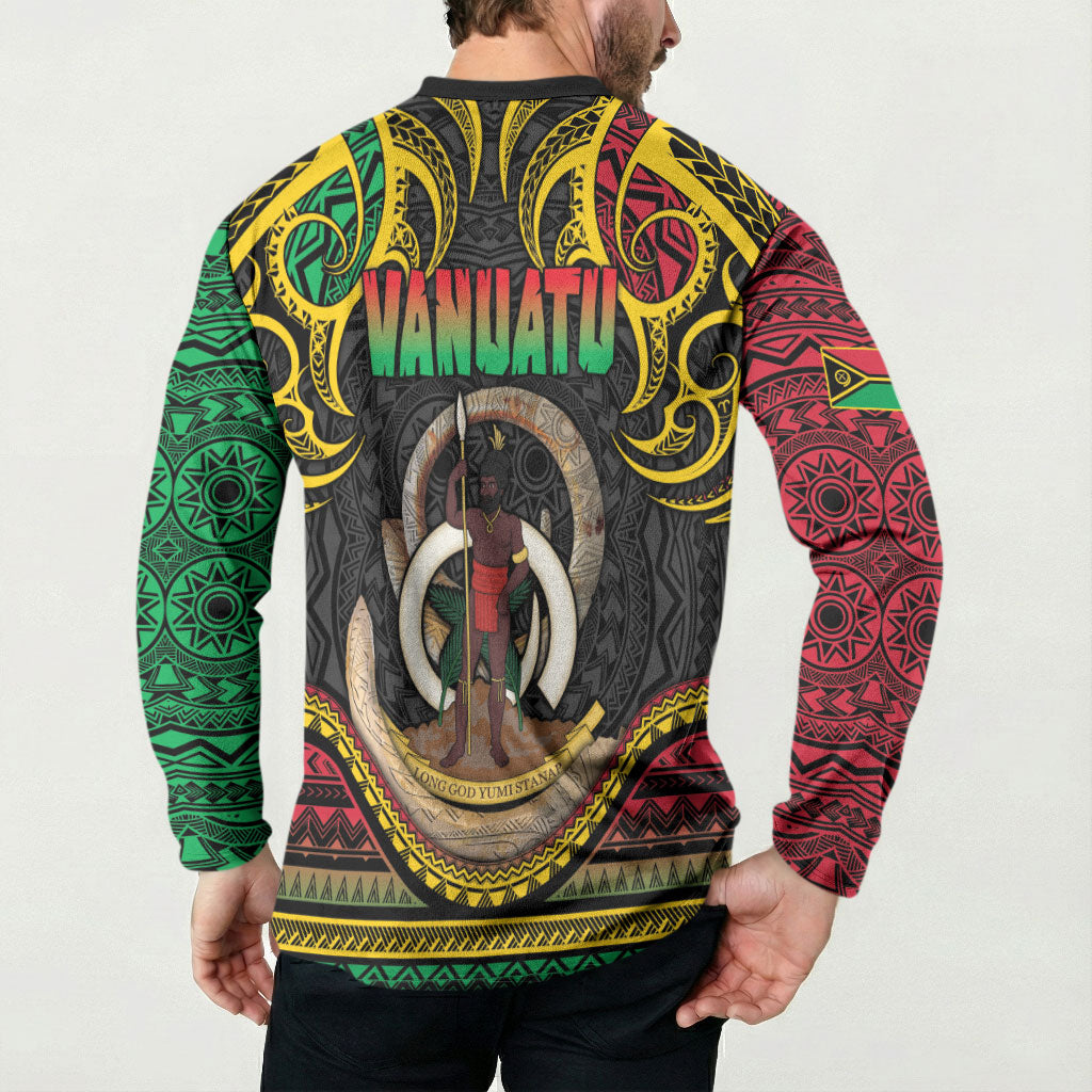 Vanuatu Language Week Button Sweatshirt Boar Tusk Warrior Tribal Floral Pattern