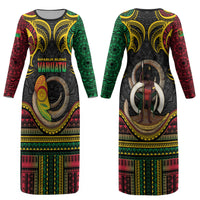 Vanuatu Language Week Couples Matching Long Sleeve Bodycon Dress and Hawaiian Shirt Boar Tusk Warrior Tribal Floral Pattern