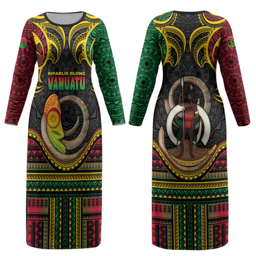 Vanuatu Language Week Couples Matching Long Sleeve Bodycon Dress and Long Sleeve Button Shirt Boar Tusk Warrior Tribal Floral Pattern