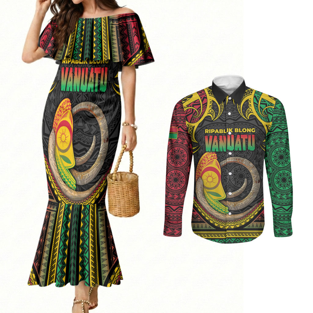 Vanuatu Language Week Couples Matching Mermaid Dress and Long Sleeve Button Shirt Boar Tusk Warrior Tribal Floral Pattern