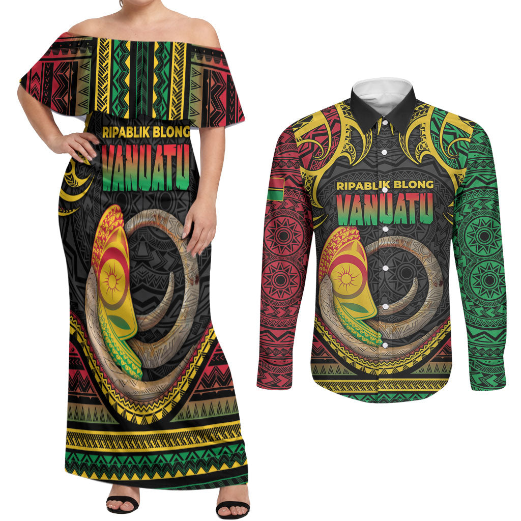 Vanuatu Language Week Couples Matching Off Shoulder Maxi Dress and Long Sleeve Button Shirt Boar Tusk Warrior Tribal Floral Pattern