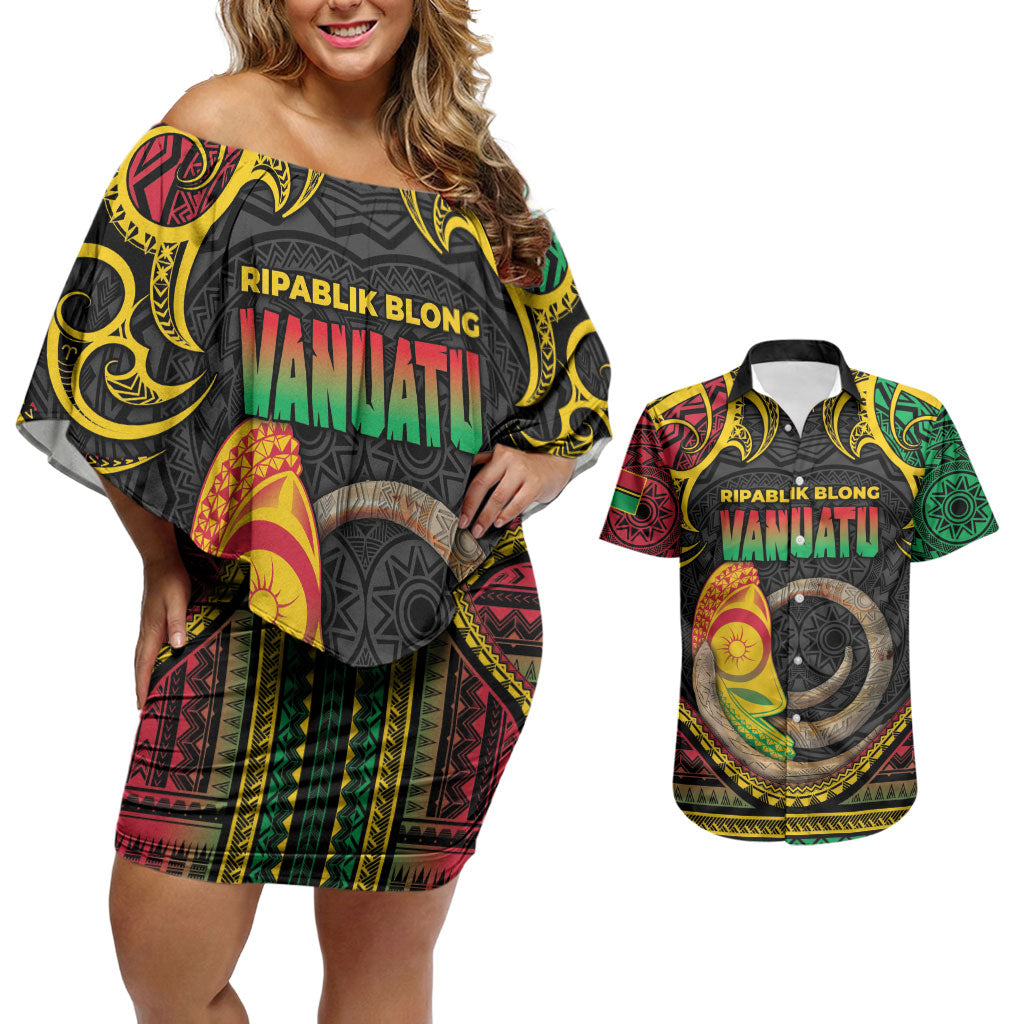 Vanuatu Language Week Couples Matching Off Shoulder Short Dress and Hawaiian Shirt Boar Tusk Warrior Tribal Floral Pattern
