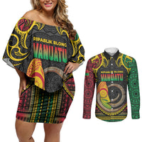 Vanuatu Language Week Couples Matching Off Shoulder Short Dress and Long Sleeve Button Shirt Boar Tusk Warrior Tribal Floral Pattern