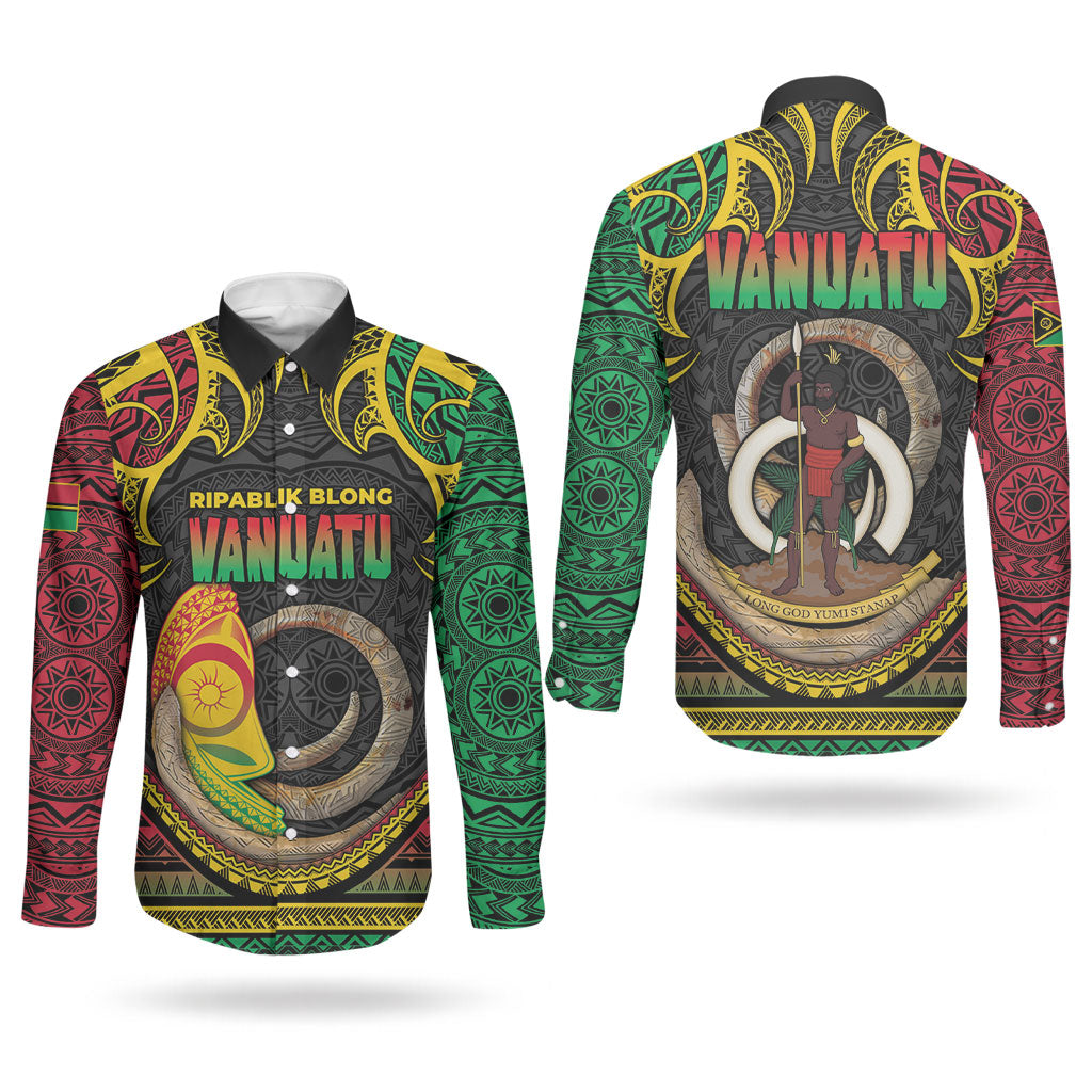 Vanuatu Language Week Couples Matching Off Shoulder Short Dress and Long Sleeve Button Shirt Boar Tusk Warrior Tribal Floral Pattern