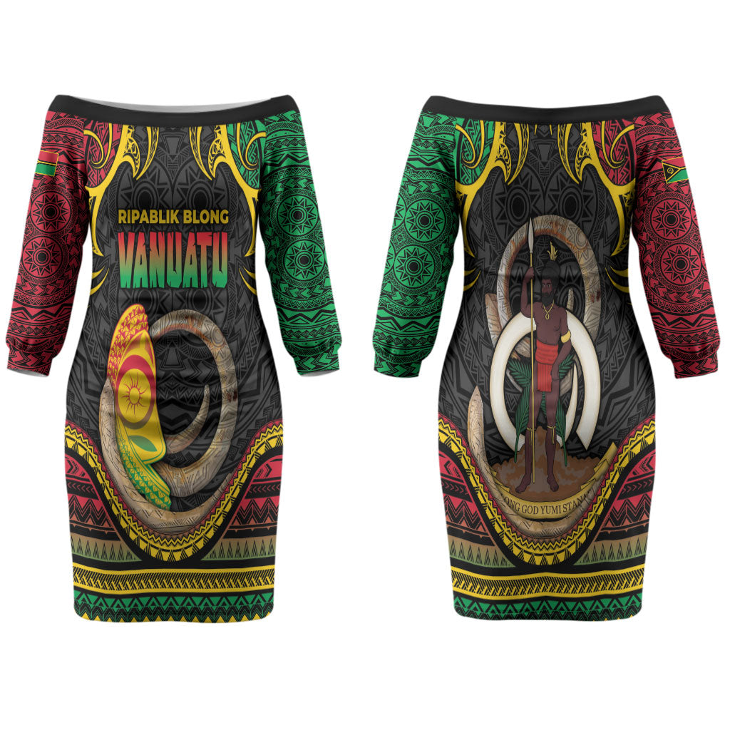 Vanuatu Language Week Couples Matching Off The Shoulder Long Sleeve Dress and Hawaiian Shirt Boar Tusk Warrior Tribal Floral Pattern