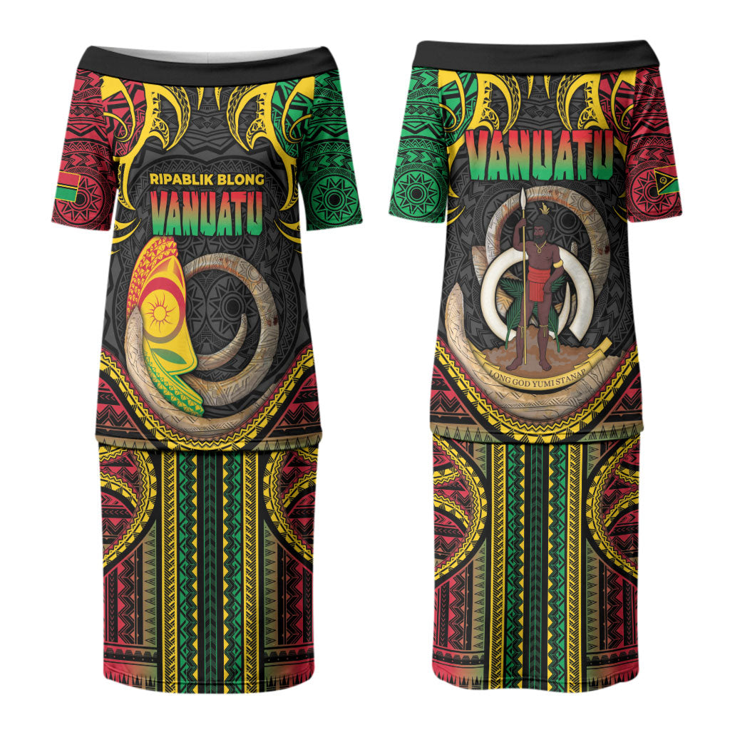 Vanuatu Language Week Couples Matching Puletasi and Long Sleeve Button Shirt Boar Tusk Warrior Tribal Floral Pattern