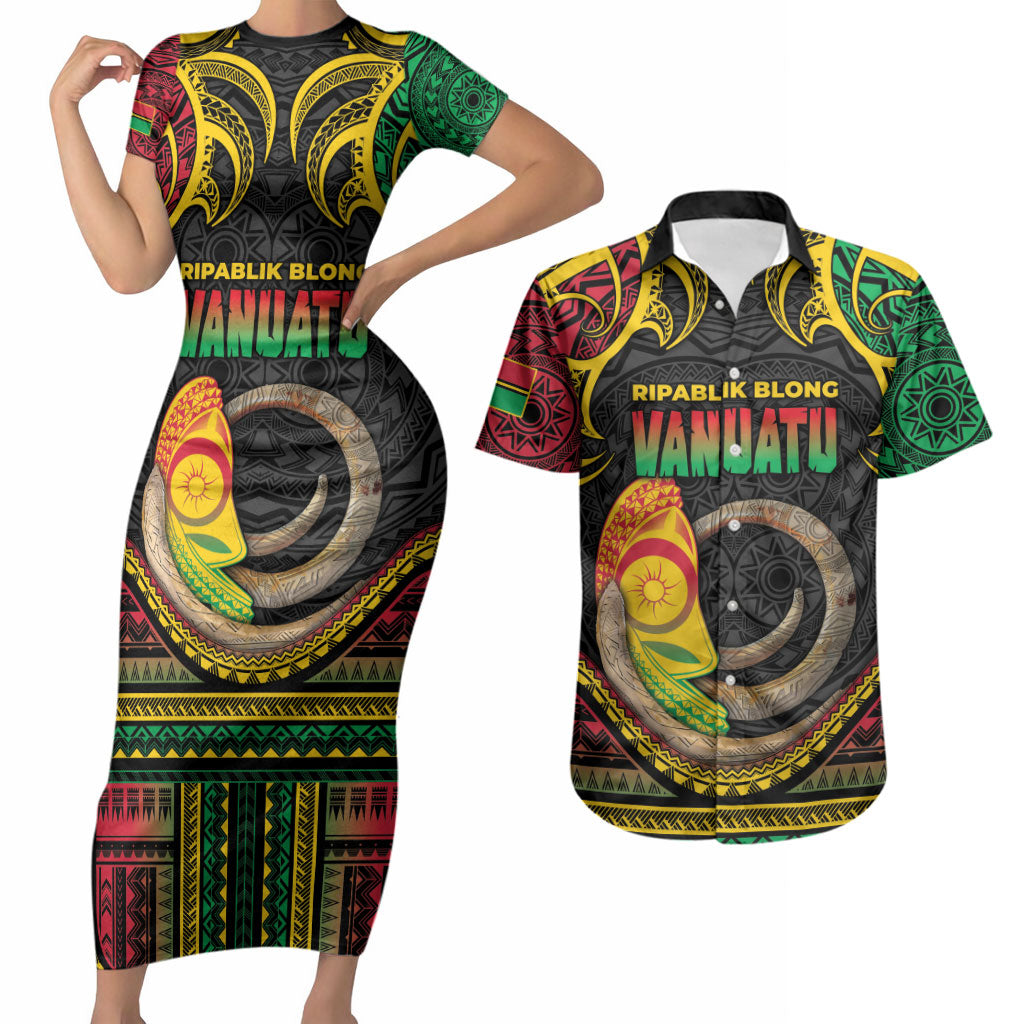 Vanuatu Language Week Couples Matching Short Sleeve Bodycon Dress and Hawaiian Shirt Boar Tusk Warrior Tribal Floral Pattern