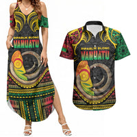 Vanuatu Language Week Couples Matching Summer Maxi Dress and Hawaiian Shirt Boar Tusk Warrior Tribal Floral Pattern