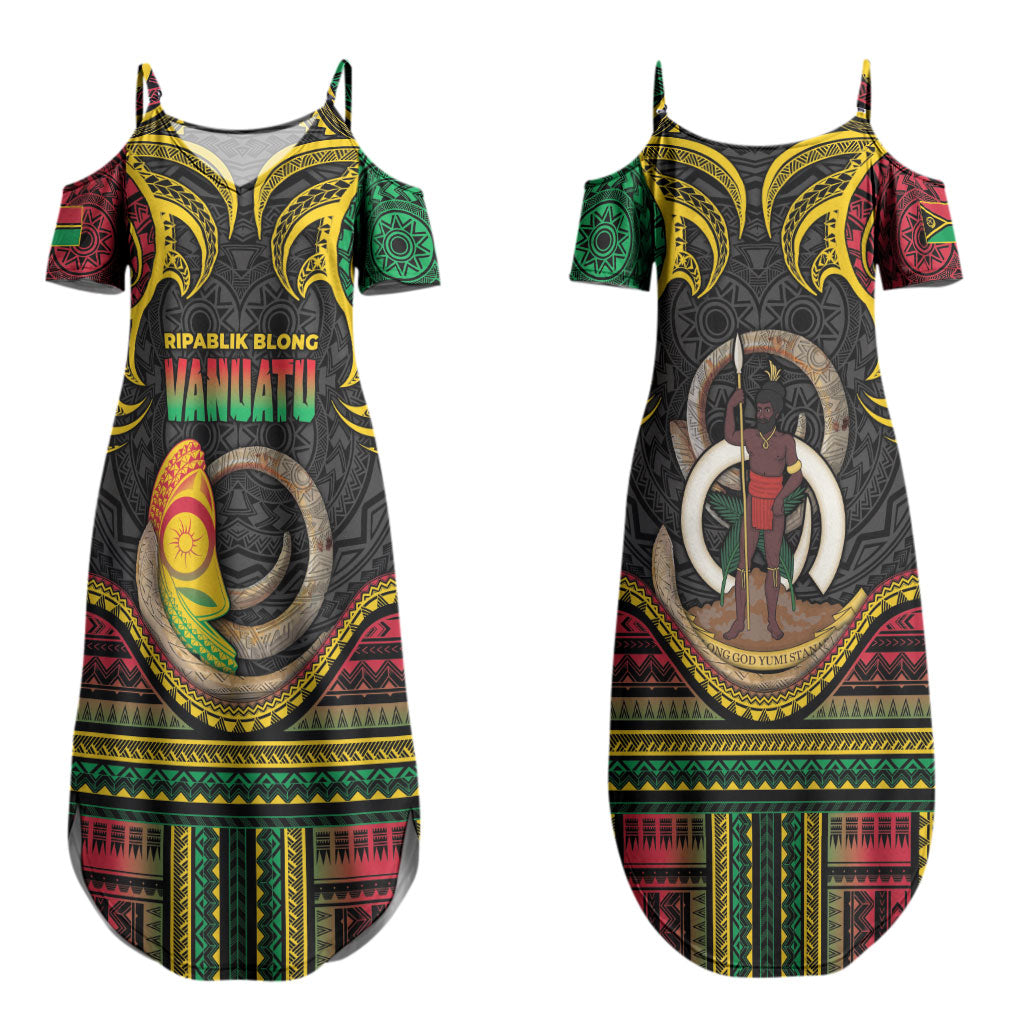 Vanuatu Language Week Couples Matching Summer Maxi Dress and Long Sleeve Button Shirt Boar Tusk Warrior Tribal Floral Pattern