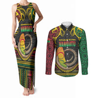 Vanuatu Language Week Couples Matching Tank Maxi Dress and Long Sleeve Button Shirt Boar Tusk Warrior Tribal Floral Pattern