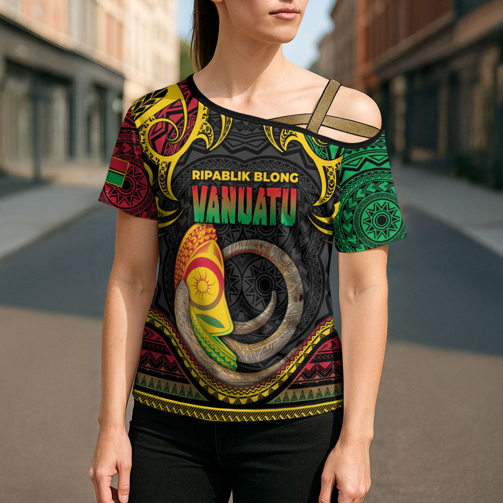 Vanuatu Language Week Cross Shoulder Shirt Boar Tusk Warrior Tribal Floral Pattern