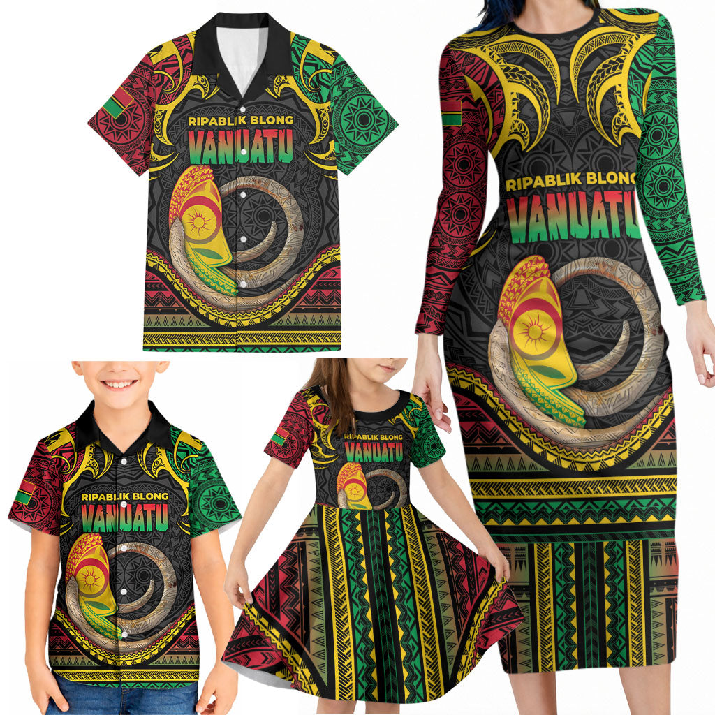Vanuatu Language Week Family Matching Long Sleeve Bodycon Dress and Hawaiian Shirt Boar Tusk Warrior Tribal Floral Pattern