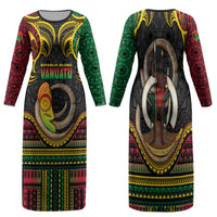 Vanuatu Language Week Family Matching Long Sleeve Bodycon Dress and Hawaiian Shirt Boar Tusk Warrior Tribal Floral Pattern