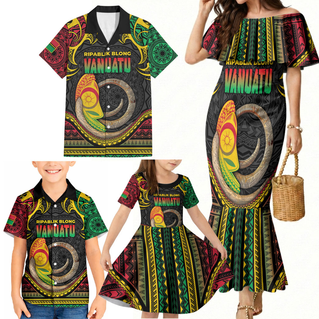 Vanuatu Language Week Family Matching Mermaid Dress and Hawaiian Shirt Boar Tusk Warrior Tribal Floral Pattern