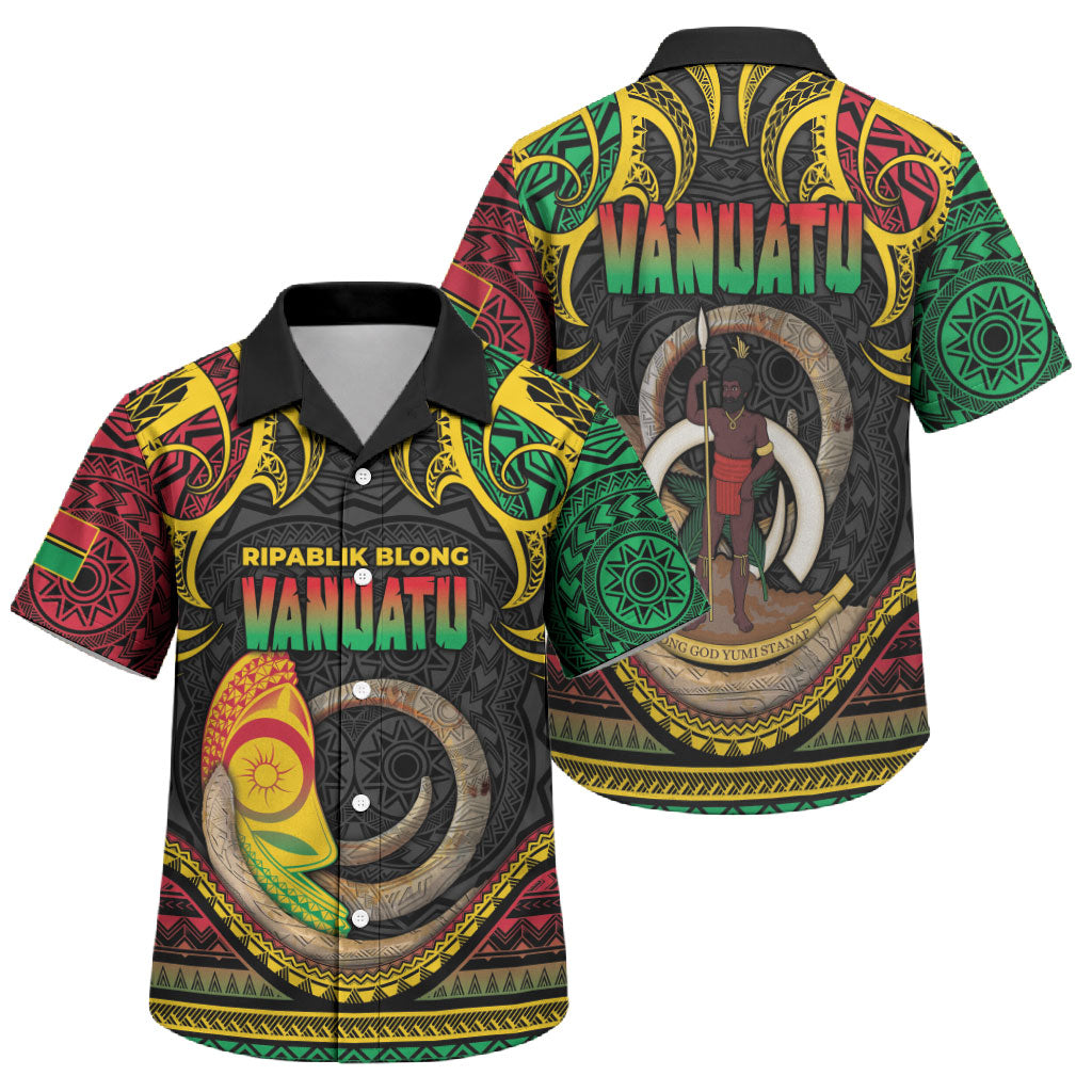 Vanuatu Language Week Family Matching Off The Shoulder Long Sleeve Dress and Hawaiian Shirt Boar Tusk Warrior Tribal Floral Pattern