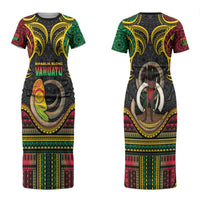 Vanuatu Language Week Family Matching Short Sleeve Bodycon Dress and Hawaiian Shirt Boar Tusk Warrior Tribal Floral Pattern
