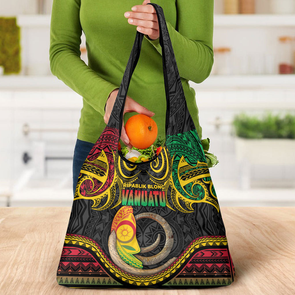 Vanuatu Language Week Grocery Bag Boar Tusk Warrior Tribal Floral Pattern