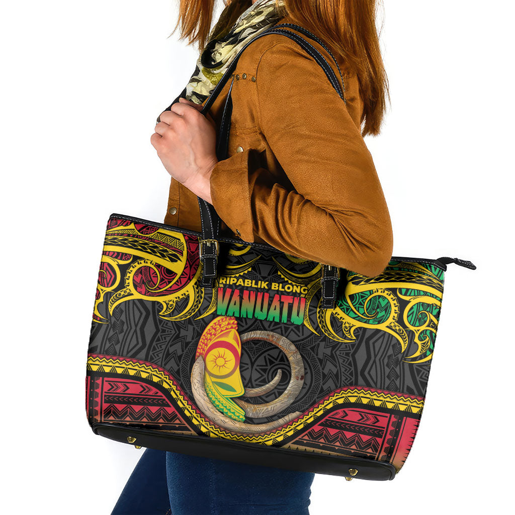 Vanuatu Language Week Leather Tote Bag Boar Tusk Warrior Tribal Floral Pattern