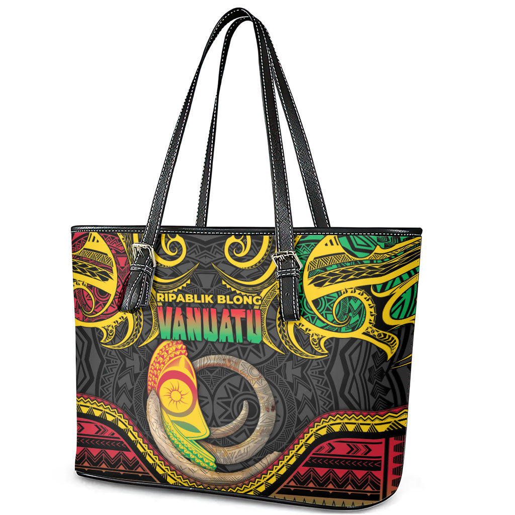 Vanuatu Language Week Leather Tote Bag Boar Tusk Warrior Tribal Floral Pattern
