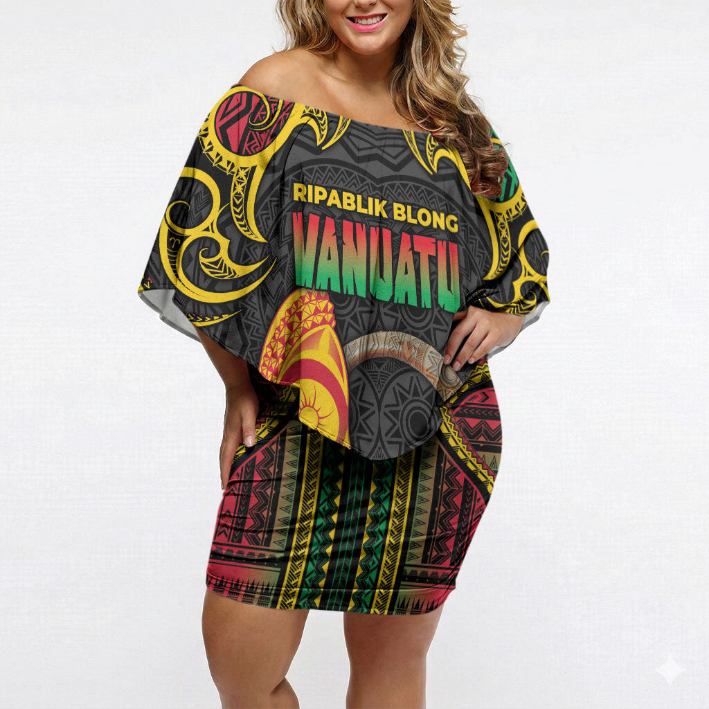 Vanuatu Language Week Off Shoulder Short Dress Boar Tusk Warrior Tribal Floral Pattern
