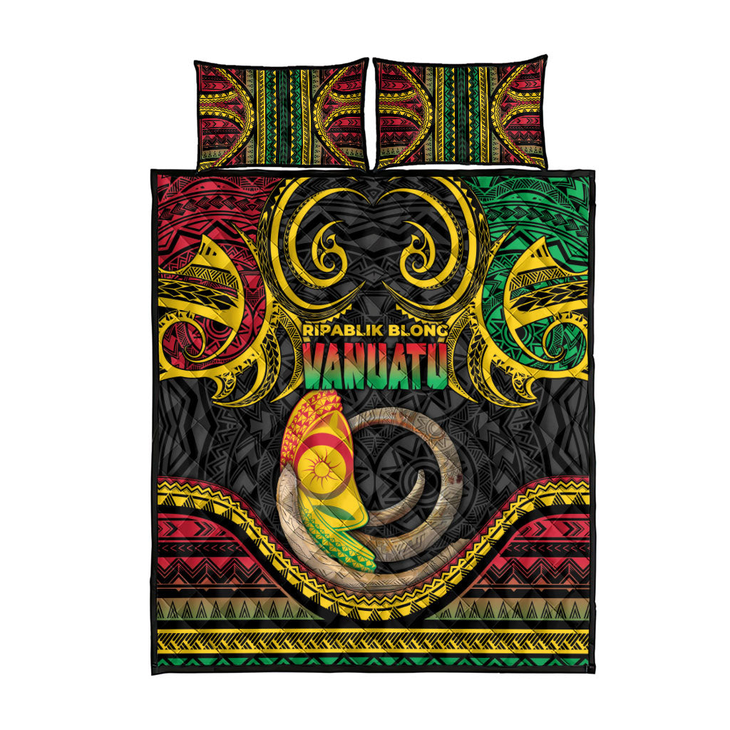 Vanuatu Language Week Quilt Bed Set Boar Tusk Warrior Tribal Floral Pattern