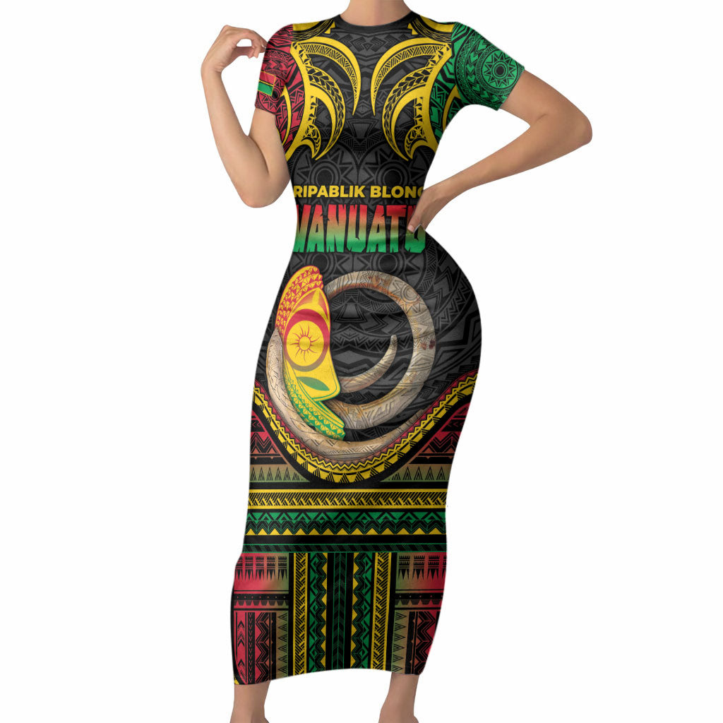 Vanuatu Language Week Short Sleeve Bodycon Dress Boar Tusk Warrior Tribal Floral Pattern DT05 Long Dress Black - Polynesian Pride