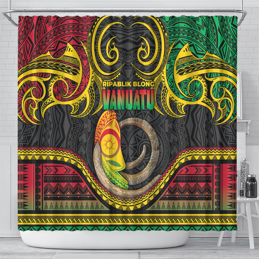 Vanuatu Language Week Shower Curtain Boar Tusk Warrior Tribal Floral Pattern