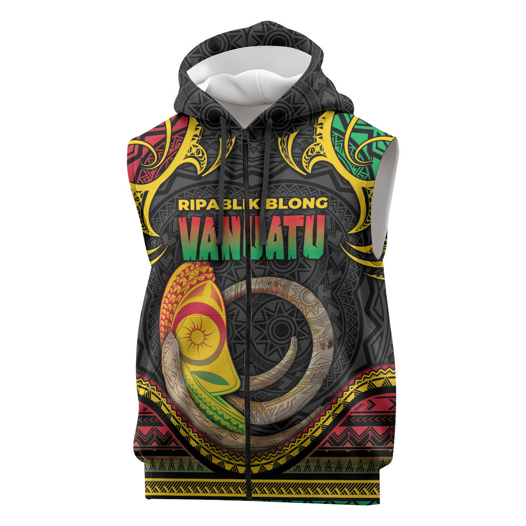 Vanuatu Language Week Sleeveless Zip Hoodie Boar Tusk Warrior Tribal Floral Pattern