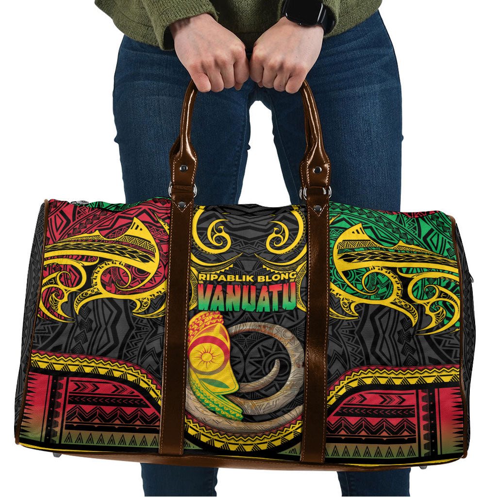 Vanuatu Language Week Travel Bag Boar Tusk Warrior Tribal Floral Pattern DT05 Black - Polynesian Pride